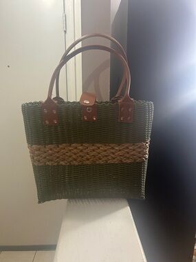Woven Olive & Natural Straw Tote with Brown Leather Handles